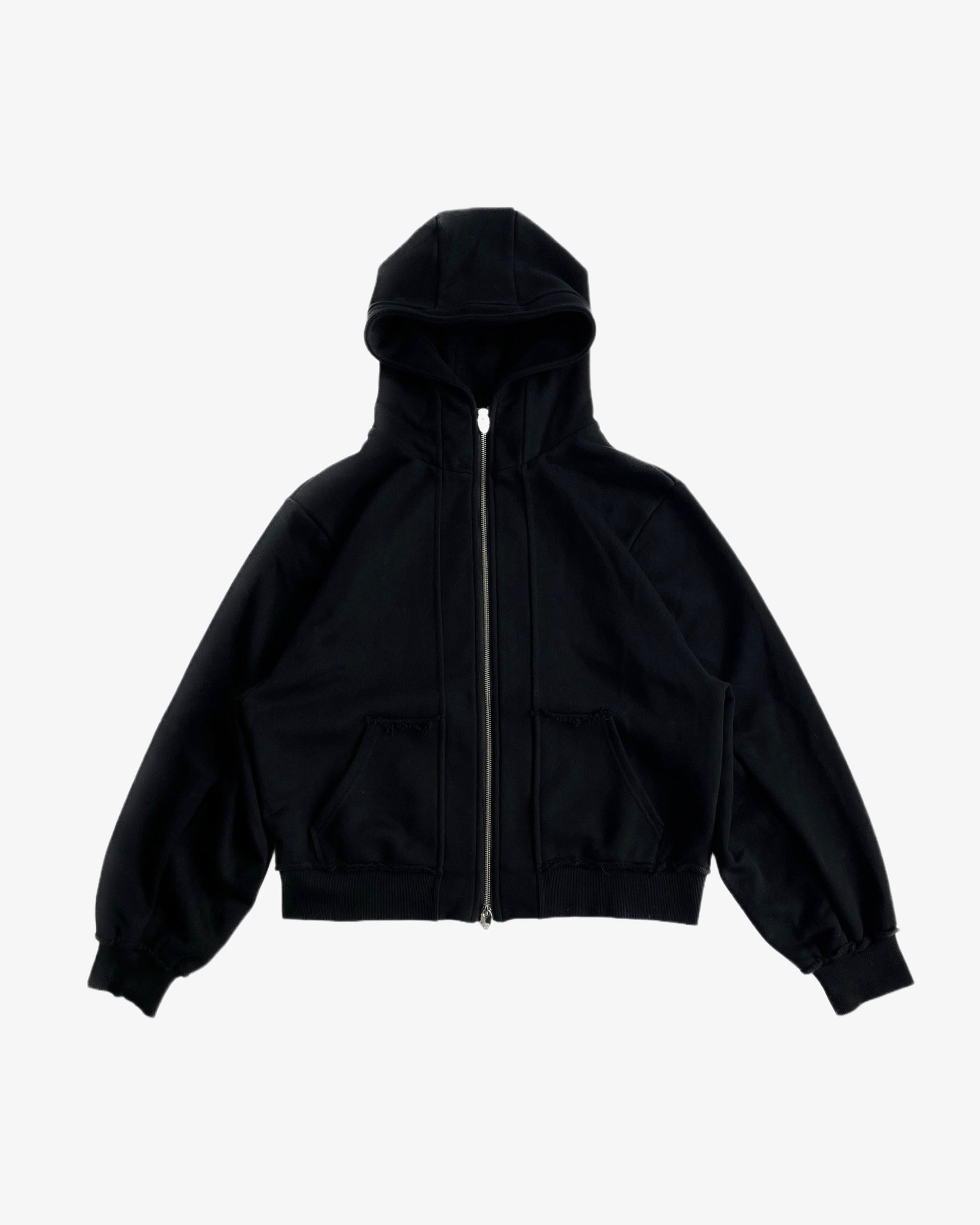 BLACK DISTRESSED ZIP-UP HOODIE